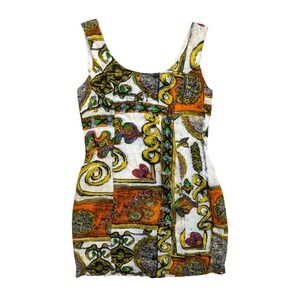 Vintage 90s Dorothy Schoelen Platinum Baroque Scarf Print Mini Dress Size 6